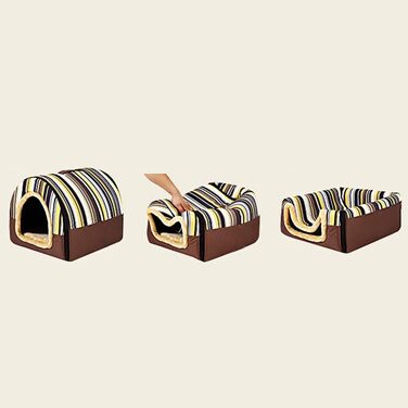 Лежанка для собак і котів Hongbi 2 в 1: хатинка та диван, знімний мат, блакитний з білим зірками (2XL, кольорові смужки)