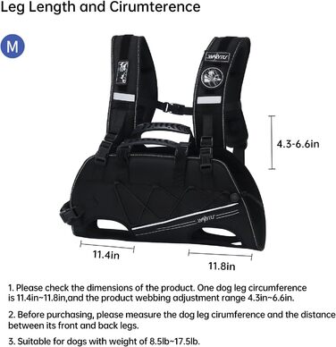 Сумка-переноска та повід для собак, повід для собак з підтримкою, регульовані, дихаючі, м'які ремені для собак, ідеально підходить для собак з обмеженими можливостями, розмір M (4–8) кг, чорний