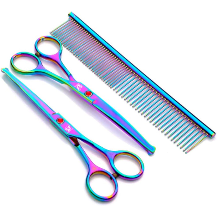 Набір професійних ножиць для грумінгу собак 6.5 дюймів (16.5 см) з безпечними закругленими кінчиками, 3 шт. (прямі, вигнуті, гребінець), преміум-сталь для собак, котів та інших тварин