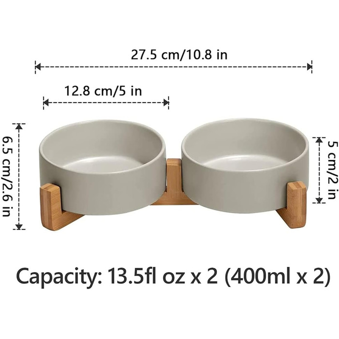 Керамічна миска для собак і котів з бамбукового підставки 2 шт. 600 мл (сірий)