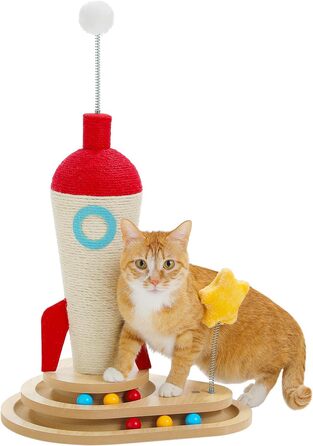 Інтерактивна іграшка для котів PETEPELA з подряпальним стовпчиком у формі ракети, кулькова траса, пір'їнка, з масиву дерева, багатофункціональна