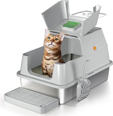 Великий закритий туалет для котів XXL з нержавіючої сталі з кришкою, 180° відкривання, проти протікання, легкий у догляді, сірий