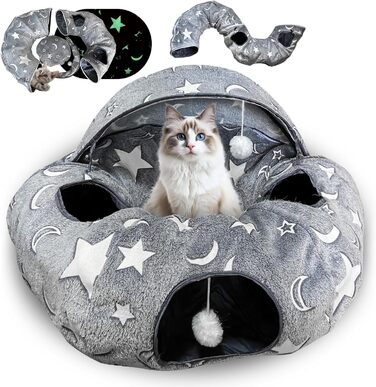 Кішка ліжко з підсвіткою, великий плюшевий тунель для котів з м'ячиком, велика шуршача печера для котів, іграшка для котів, кроликів або цуценят, сірий колір + світиться в темряві