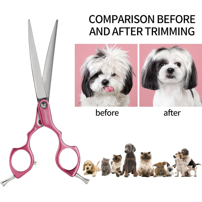 Професійна вигнута коса для грумінгу собак 16,5 см, 440C, нержавіюча сталь, з ручкою з алюмінію (рожева, вигнута)