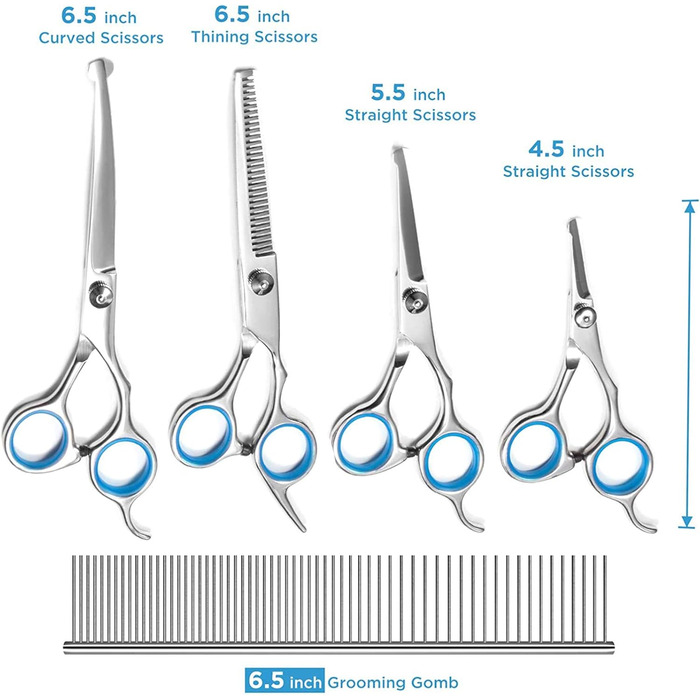 Набір професійних ножиць для собак з безпечними округлими кінчиками, нержавіюча сталь. Ножиці для грумінгу та догляду за шерстю собак та котів. Синій колір.