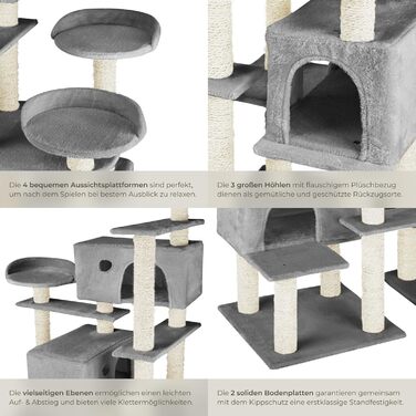Дерево для котів Tectake® велике, з аксесуарами, XXL, 4 будиночки, ігровий комплекс, стовпчик для дряпання з сизалю, сірий | 403920