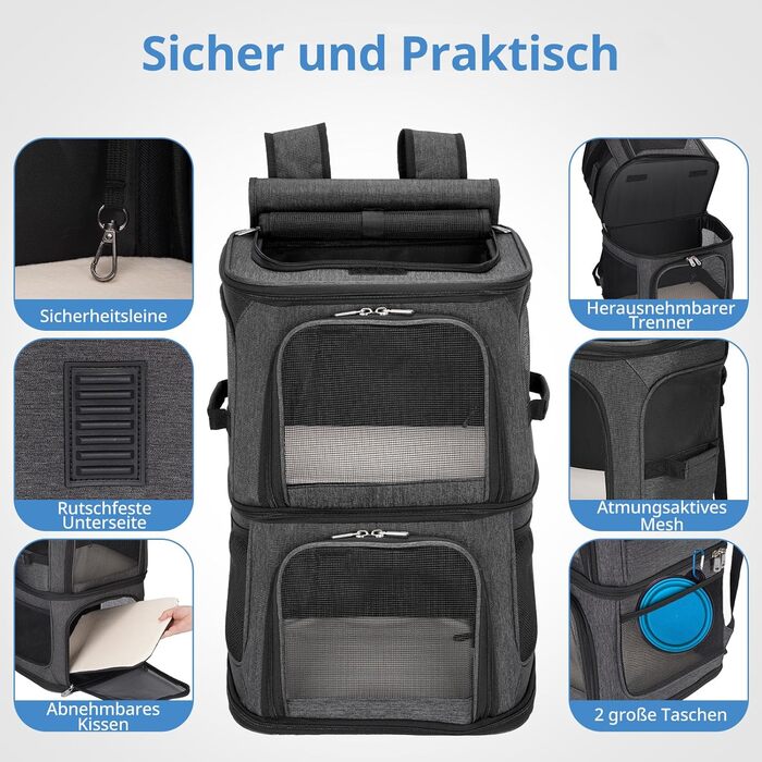 Рюкзак для котів та собак FASRIOU на 2 тварини до 12 кг, чорний, з матом та сіткою