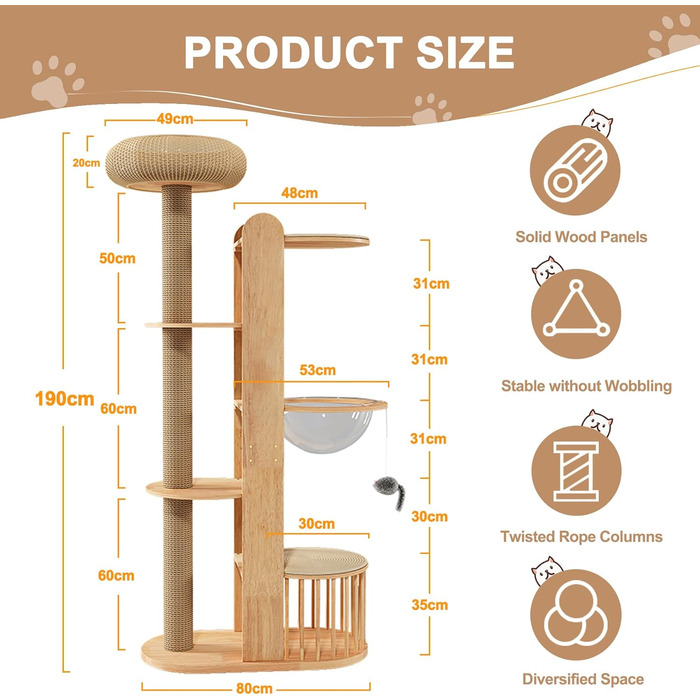 Великий котячий будиночок з подряпальником 190 см - стабільний дерев'яний комплекс для котів з посиленою колоною з сизалю, великим сплетеним будиночком, 3 оглядовими платформами та просторою капсулою, для великих котів