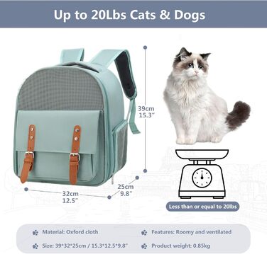Рюкзак для собак і котів PETCUTE до 8 кг, з внутрішньою страхувальною лінією, дихаючий, з вікном, знімний килимок, для собак, котів, домашніх тварин (зелений)