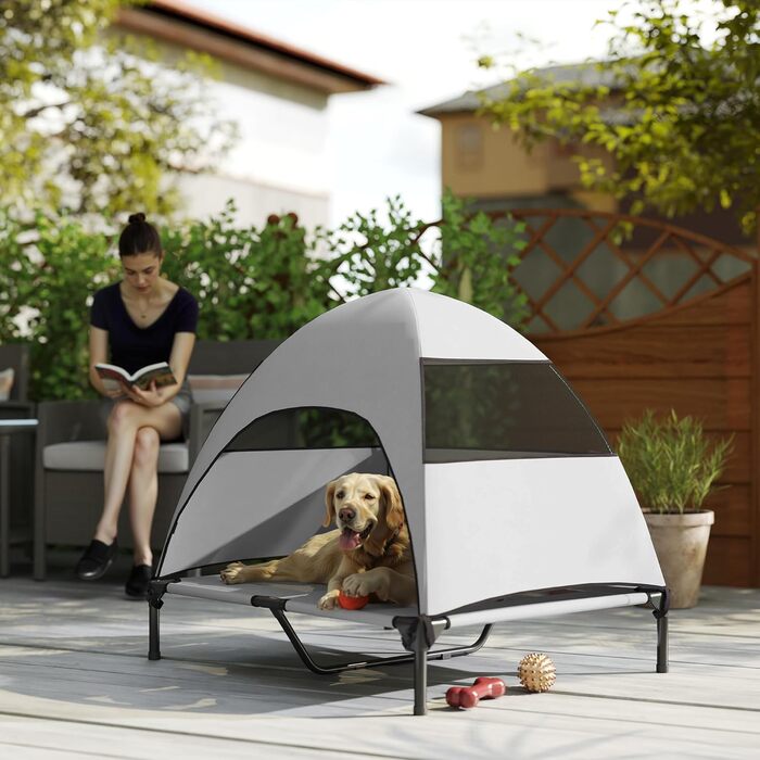 Лежанка для собак PawHut Outdoor з дахом, підняте ліжко для середніх собак, ліжко для домашніх тварин з охолоджуючим ефектом, миється сітчастий сталевий каркас, переносна сумка, ліжко для собак для вулиці, кемпінгу 76x61x71cm, (L 91 x W 76 x H 90 cm, світ