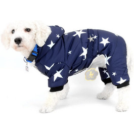 Зуена зимовий теплий костюм для собак з капюшоном, флісовою підкладкою та зірковим поясом. Водонепроникний костюм для собак, теплий одяг для собак, капюшони, комбінезони для котів, цуценят, чихуахуа. Колір: синій, розмір L (спина: 30см; груди: 42см)