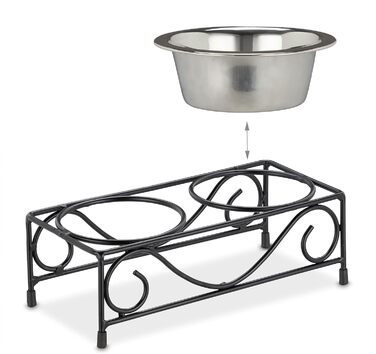 Набір мисок для собак Relaxdays з підставкою, 2 миски з нержавіючої сталі по 300 мл, чорний/сріблястий, для корму та води