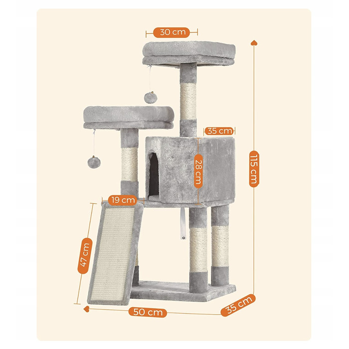 Дряпалка для котів Feandrea 101 — 160 см, сіра, сизаль, 4 рівні