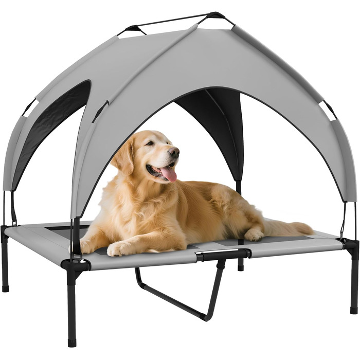 PawHut Підвищене собаче ліжко з балдахіном, Outdoor ліжко для собак з дахом, дихаюче, для маленьких та середніх собак, Оксфорд 76 x 61 x 69,5 см (91 x 76 x 89 см), світло-сірий