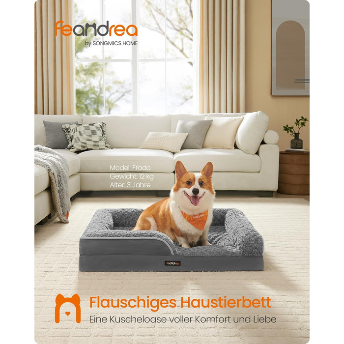 Ортопедичне ліжко для собак Feandrea середнього розміру, вологостійке, знімний плюшевий чохол, 91 x 68 x 16 см, сірий PGW252G02 L