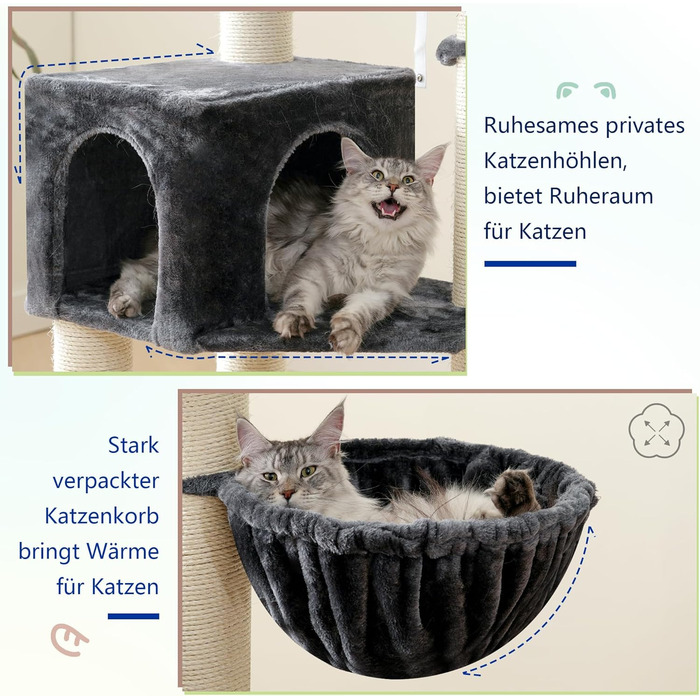 Кігтеточка XXL для мейн-куна, 168 см, з гамаком, сизаловим стовпом (φ11 см), коморою, корзиною, 2 платформами, EMPJ01M (димно-сірий)