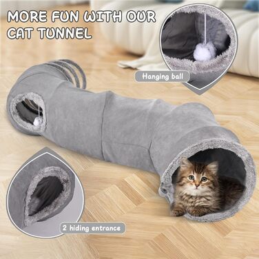 Котячий тунель для домашніх котів 150x25 см, складаний, з іграшкою, 2 отвори, сірий