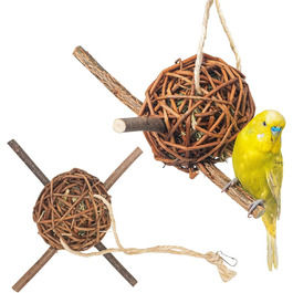 Набір 2 плетених куль з лози з сіном 10 см Vogelgaleria для папуг — іграшка для клітки, ручна робота, аксесуар для гризіння та лазіння