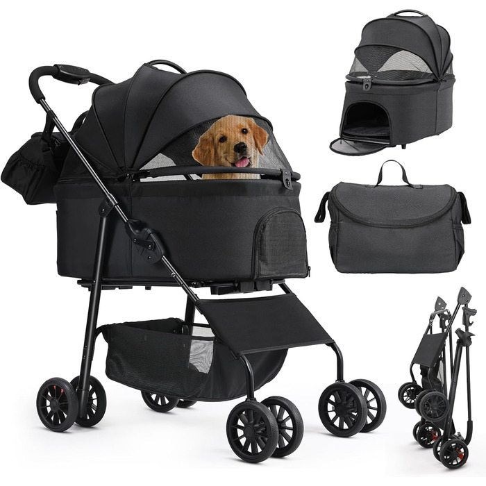 Візок для собак Mamizo 3-в-1, до 30 кг, з сумкою, для малих/середніх собак і котів, чорний, тканина Леїнен