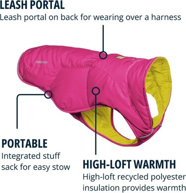 Куртка Ruffwear Quinzee для великих собак, ізольована куртка-всепогодник для собак, водонепроникна куртка для собак, легка жилетка для собак та сумка-переноска, розмір L, Obsidianschwarz (Fireweed Pink, XX-Small)