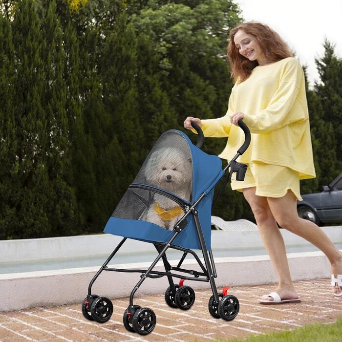 Дитяча коляска для собак та котів, складна, до 20 кг, з гальмом 360°, великий кошик, 3 вікна, тримач для напоїв, блакитна (97 x 45 x 55 см)