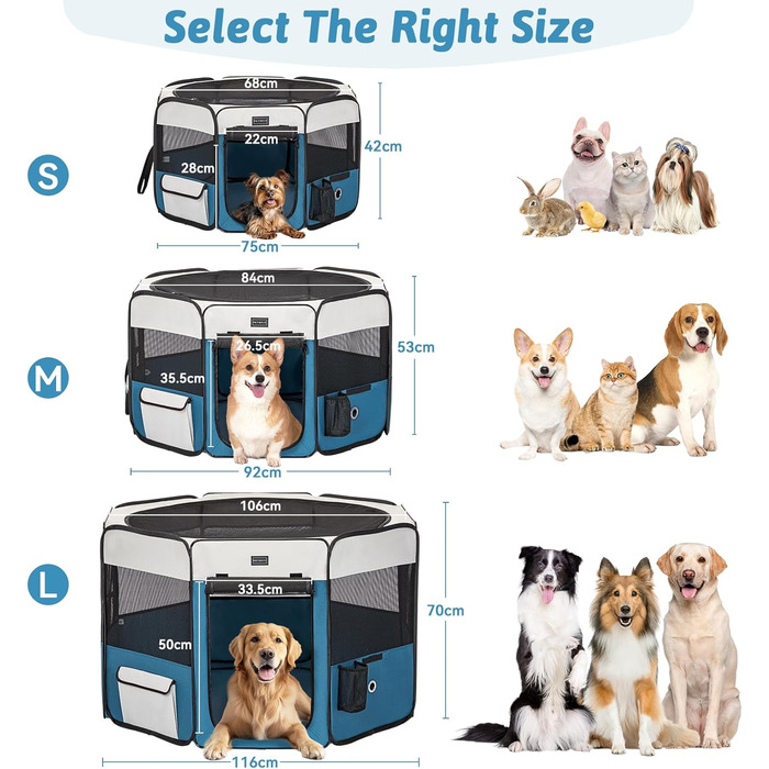 Клітка-вигул для собак та котів PETSFIT, розкладний вольєр для тварин, 75x68x42 см, сірий/блакитний