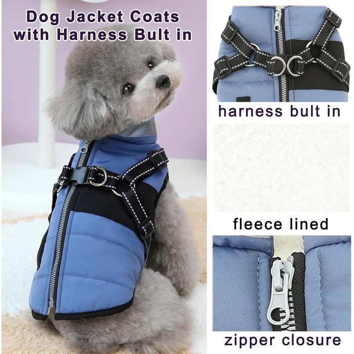 Зуена Тепла куртка для собак на зиму з поворотком для шлейки, світловідбиваючі елементи, водонепроникна, флісова підкладка, XS/S, блакитна