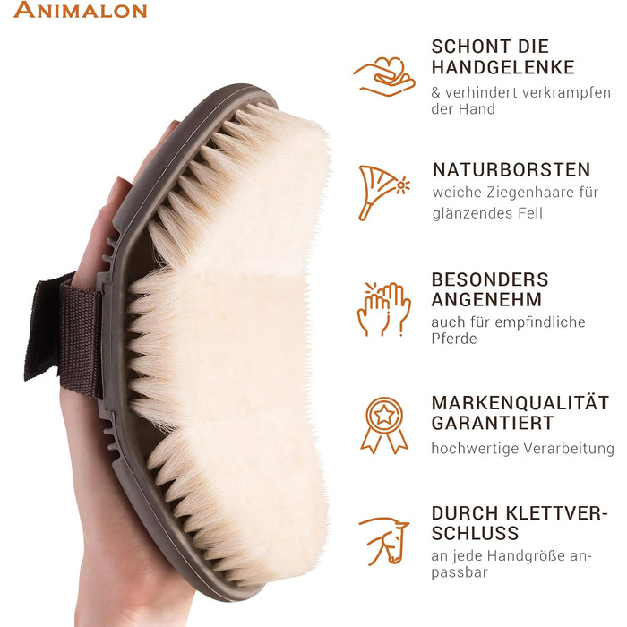 Глянцева щітка для коней Animalon CareFlex з козячої шерсті, гнучка щітка для обличчя та блиску з липучкою