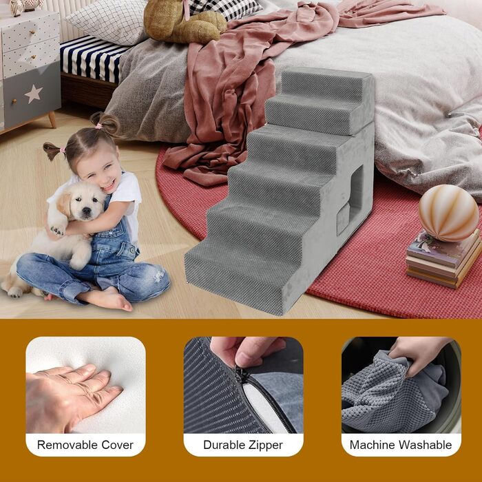 Сходинки для собак - 68,6 см, 6 сходинок, для високих ліжок, з антиковзким покриттям, знімний, пральний чохол