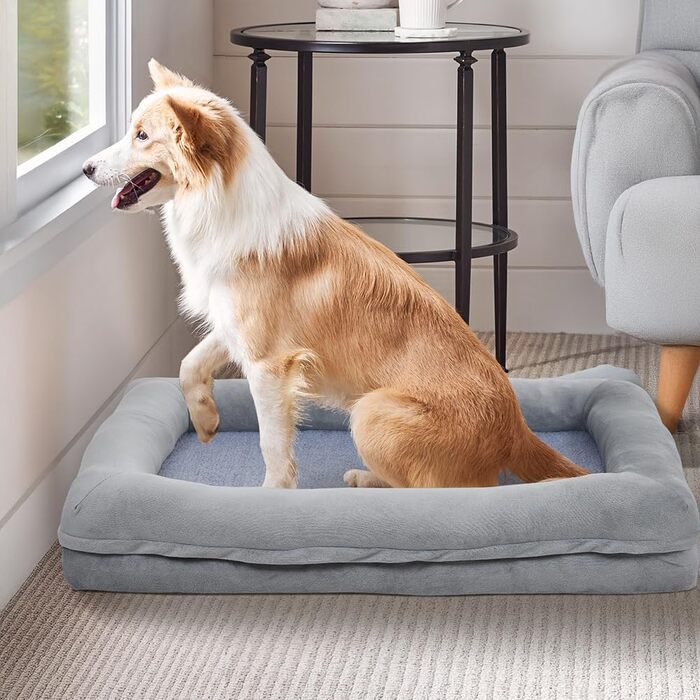 Велике собаче ліжко, водовідштовхувальне, ортопедичний лежак для тварин з знімним, пральним чохлом, неслизьке дно, котяче ліжко з піною з пам'яті для зменшення тривоги, преміум-фланель, 105x75x18 см, сірий