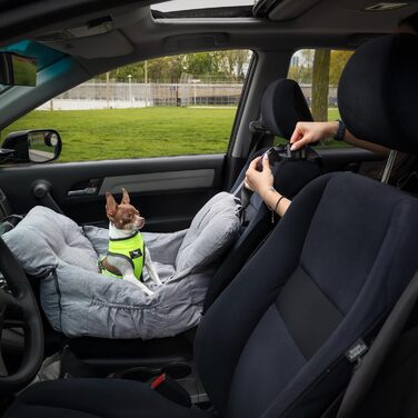 Автокрісло для собак JACKO & CO Premium - сіре, для маленьких та середніх тварин до 15,9 кг, з підстілкою, поводок та кишені, водовідштовхувальне