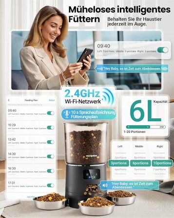 Автоматичний годівниця для котів з Wi-Fi та таймером, 6 л / 25 чашок, 3 миски, 3 пакети силікагелю, система проти застрягання, 2.4G Wi-Fi, запис голосу 10 секунд, чорний