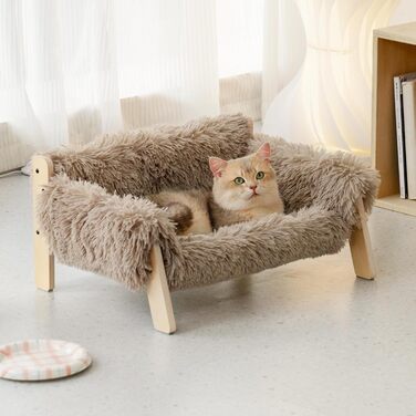 Підвищене дерев'яне котяче ліжко-софа MEWOOFUN 56x45 см, міцне велике котяче ліжко з модним дизайном, знімний чохол, витримує до 10 кг, світло-коричневе
