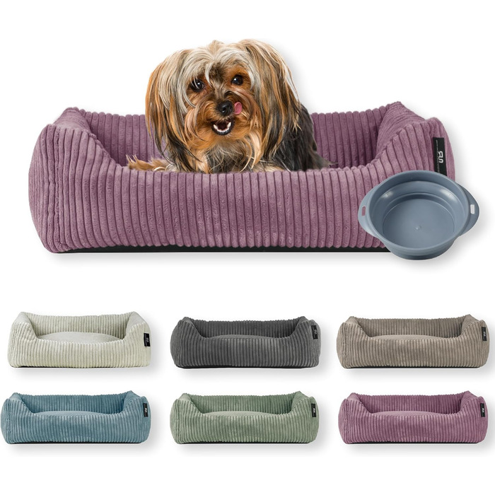 Ліжко для собак | для маленьких собак | з подушкою Cord | знімний чохол | з мискою для корму (55 x 42 см, пудрово-рожевий)
