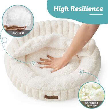 Зимове ліжко для котів з ковдрою, м'яке ліжко-пончик для собак та котів, тепла затишна печерка з підтримкою голови та шиї, штучне хутро, можна прати (кремовий, 58x58x15 см)