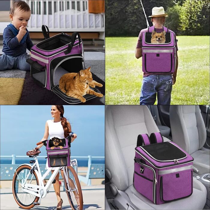 Сумка на велосипед для тварин (собаки, коти), рюкзак для домашніх улюбленців з сіткою, складана переноска для собак та котів до 6 кг (фіолетовий, 53 x 29 x 33 см)
