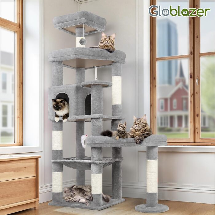 Комплекс для котів Globlazer Kratzbaum 165 см, великий, сірий: будиночок, платформа, лежак, стовпчики для дряпання