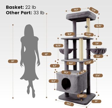 Дерев'яний кігтеточки для котів Gardner Pet Katzenbaum, 105 см, з платформою, 2 печерами, кошиком, сірий, для дому