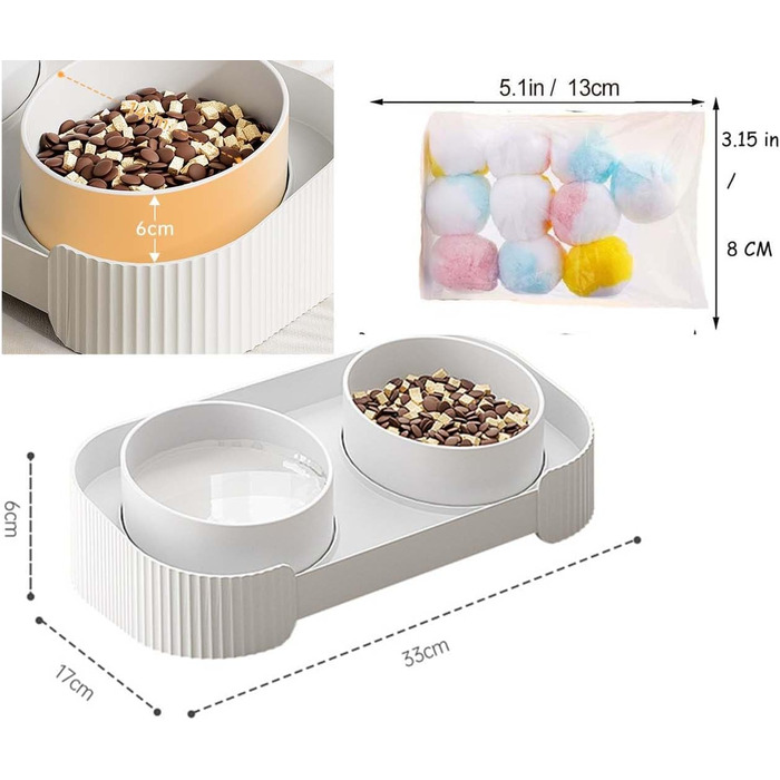 Дві миски для котів білого кольору, запобігають болю в шиї, миска для домашніх тварин, знімна, проти блювоти, керамічна миска, запобігає перекиданню, миска для корму котів з іграшковим м'ячиком, для кошенят, цуценят, собак, зелена, 33*17*6 см