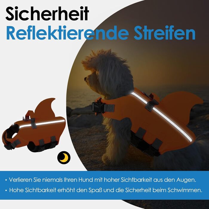 Спасальний жилет для собак AOFITEE Hai, XS, помаранчевий, регульований, з ручкою для рятування, світловідбиваючий, для малих та середніх порід