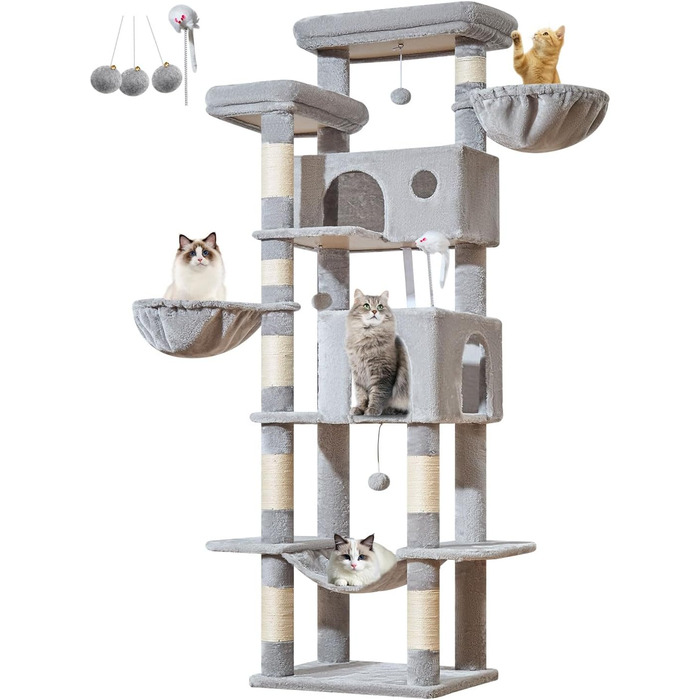 Кігтеточка для котів Taoqimiao 193 см, велика, XXL, з будиночками, гамаком, платформами та 8 стовпчиками для заточування кігтів, сірого кольору MS046W
