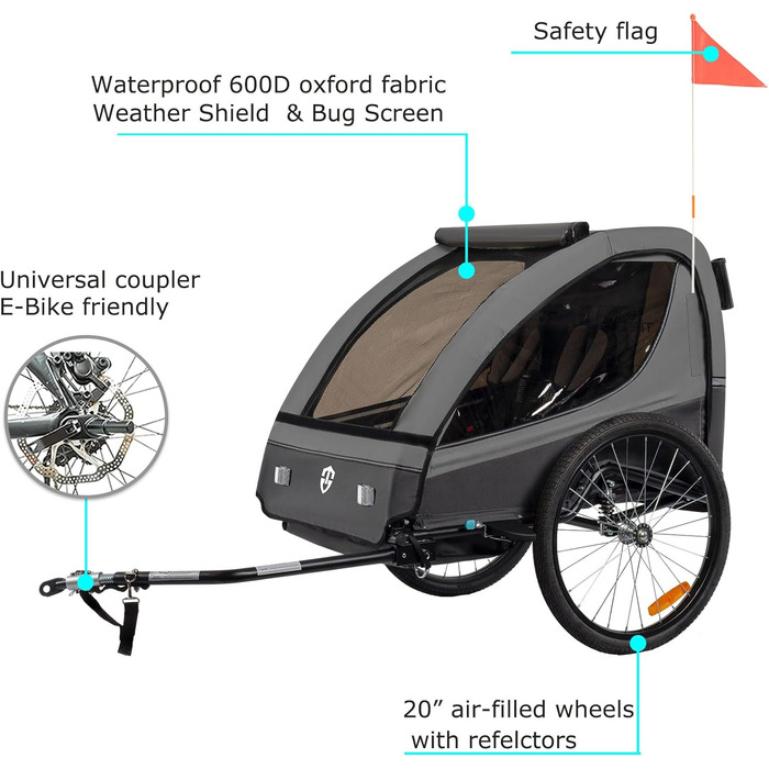 Дитячий велосипедний причіп Tiggo VS 2в1 з амортизацією та поворотним з'єднанням 360° - для 1-2 дітей (до 40 кг), темно-сірий