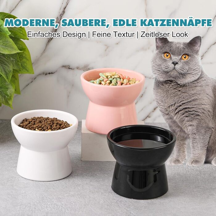 Підвищена годівниця для котів, керамічна - миска для води та їжі, антиблювотний дизайн, 550 мл, білий колір