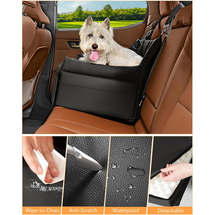 Автокрісло для собак, підвищувач для собак, автокрісло з підсумками, повідком, для тварин до 13,6 кг, шкіряне покриття