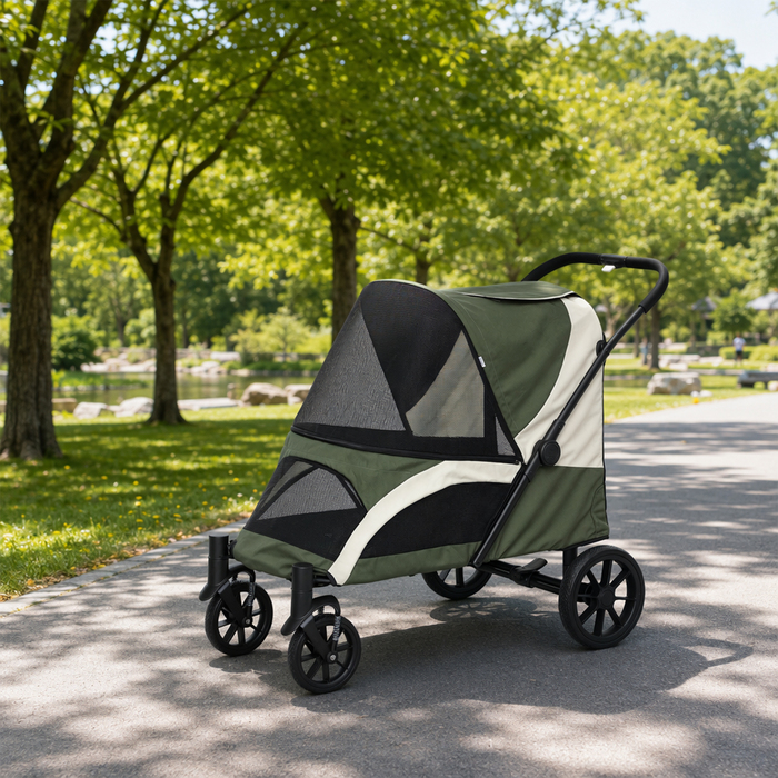 Складаний візок для собак середніх порід, прогулянковий buggy для домашніх тварин на 4 колесах із гальмами та страховим повідцем, темно-зелений