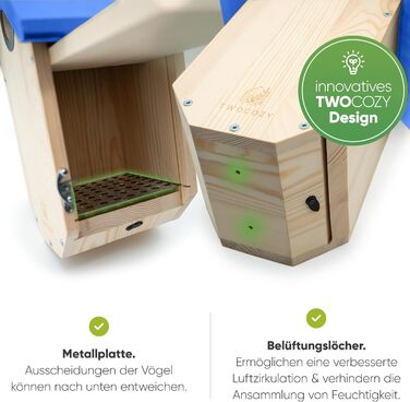 Преміум будиночок для синиць TWOCOZY, захист від дятлів, захист гнізда, для великих синиць, 32 мм, синій, 17x23,5x32 см, відповідає стандарту NABU, підвісний, вологостійкий