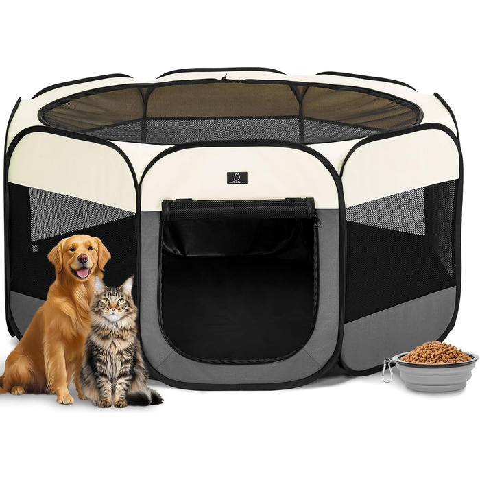 Клітка-вольєр для собак великих порід A 4 Pet, портативна, з водонепроникним дном та змійкою, для дому та вулиці, з мискою, темно-сіра та рожева (L з мискою, темно-сіра та бежева)