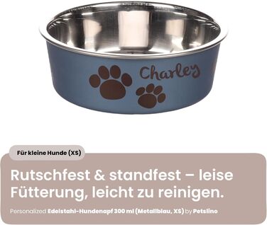 Персоналізований миска для собак з нержавіючої сталі 2200 мл – протиковзкий кільце – для великих собак – з іменем – Petslino (Металево-блакитний, XS)