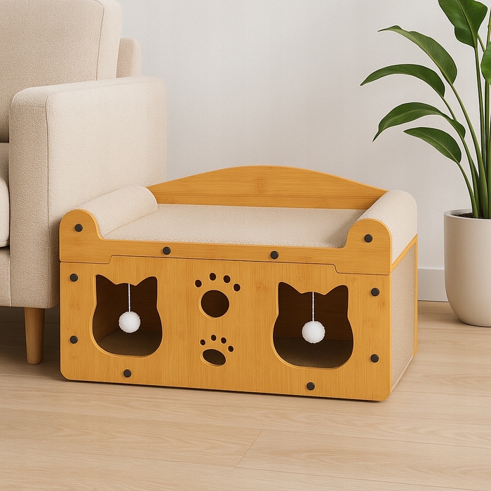 Дряпка для котів GLOBANI коричнева, картонна, до 60 см, з лежаком та іграшками