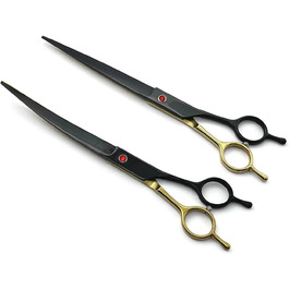 Набір професійних ножиць для собак 2 в 1: прямі та вигнуті. Ідеально для собак, котів та інших тварин. Чорний & золотий